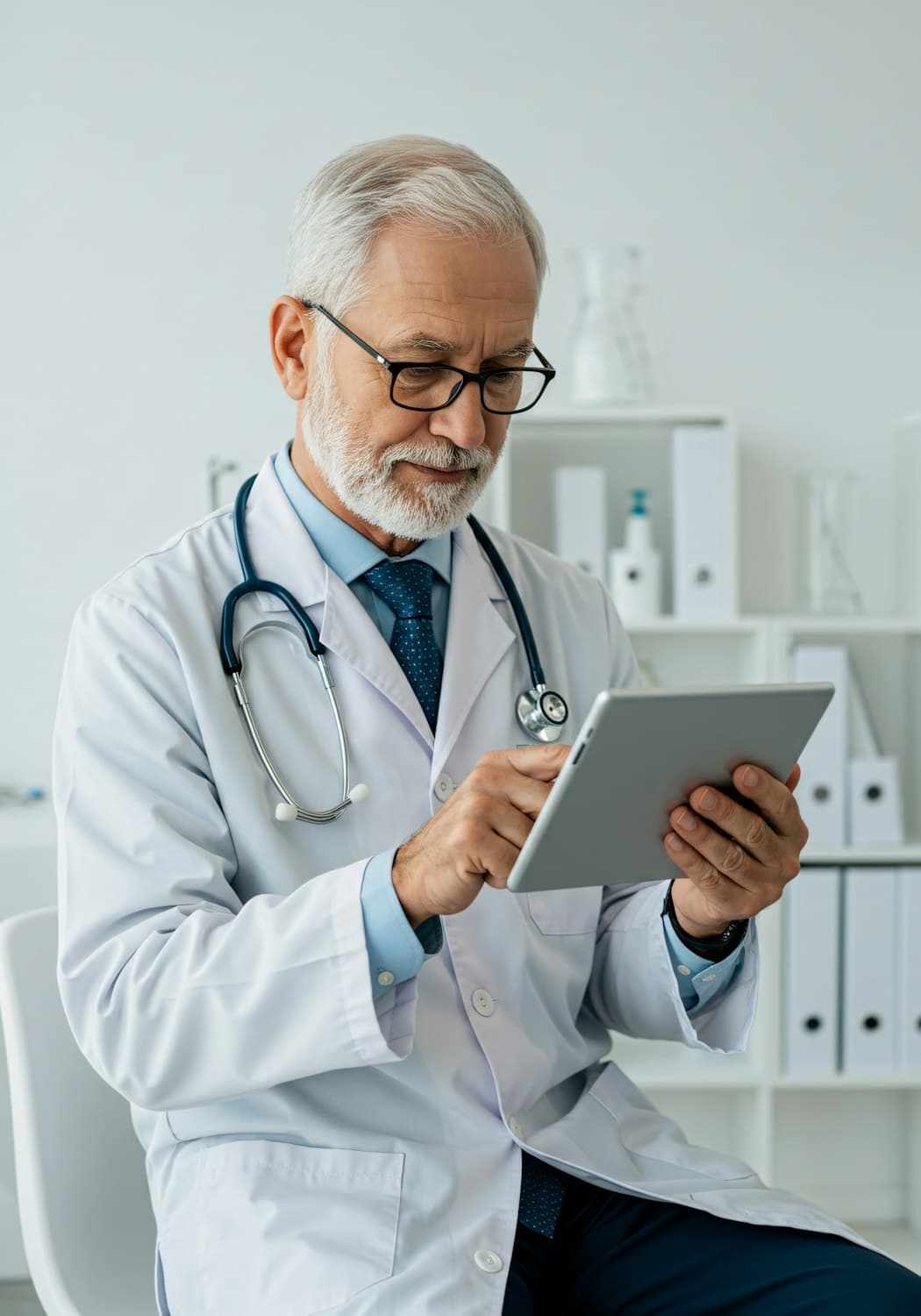 Un médecin consulte une tablette dans son cabinet
