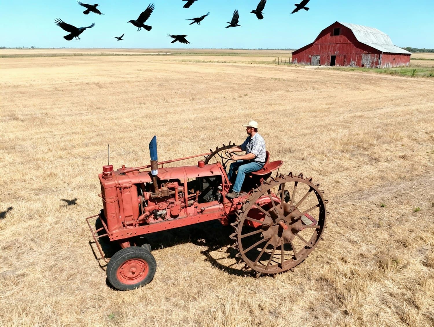 Un agriculteur sur son tracteur dans un champ de blé doré