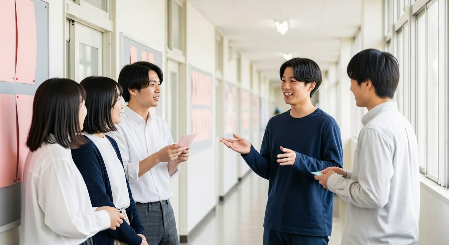 Des étudiants échangent dans le couloir lumineux d'une école
